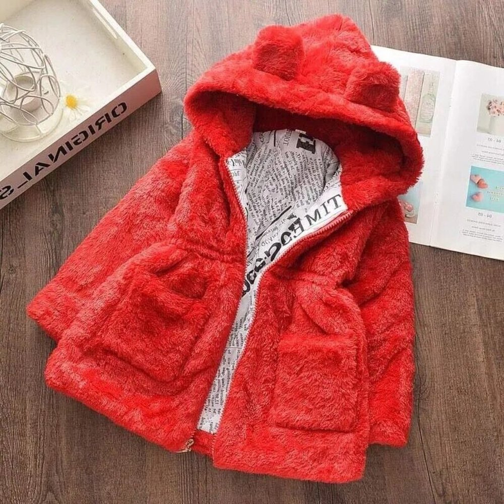 Red Cute Teddy Bear/ Bunny Ears Girls Hooded Faux Fur Winter Coat Jacket 6T